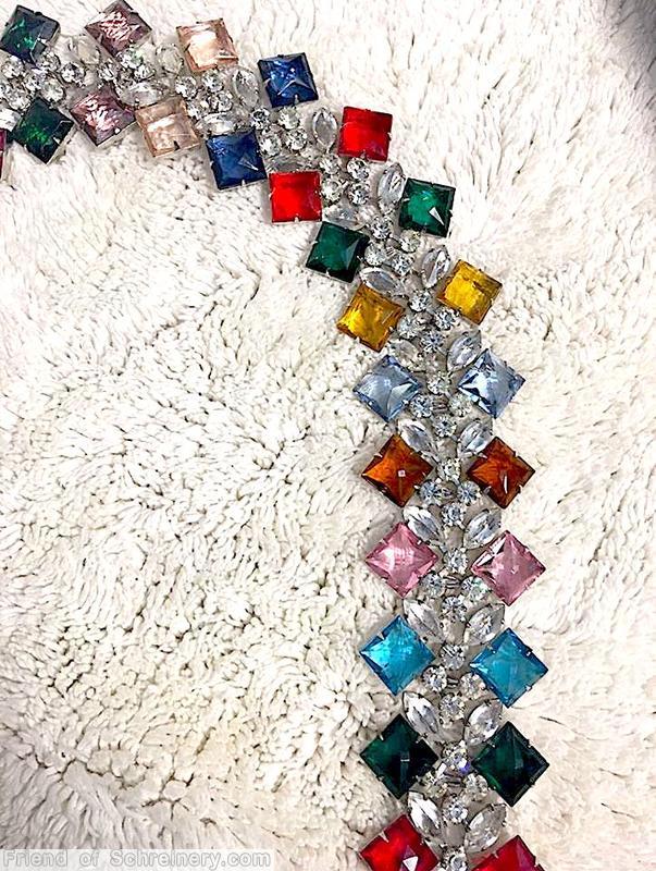 Schreiner chain of navette 64 square stone crystal navette inverted small crystal multicolored square stone ruby pink blue dark green topaz peach pale blue navy jewelry