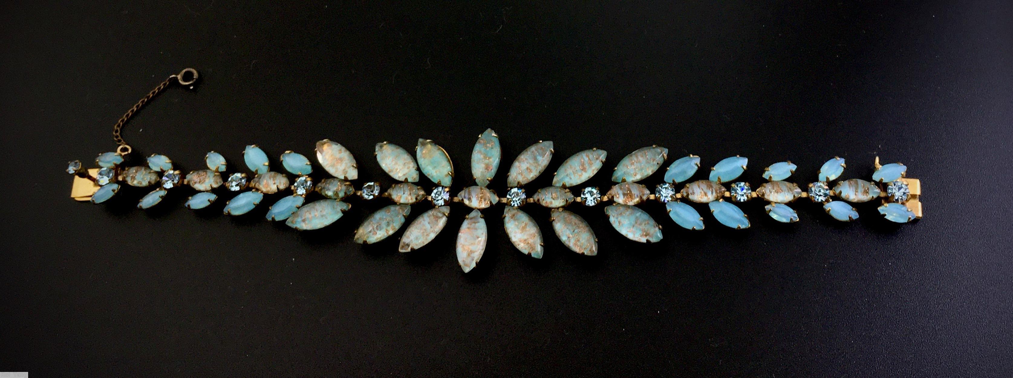Schreiner single chain of small navette chaton varied size radial navette aqua venetian aqua goldtone jewelry