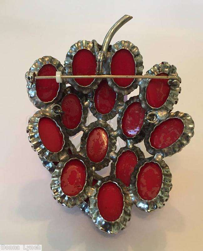 Schreiner 16 large oval cab grape pin 3 metal leaf red silver jewelry