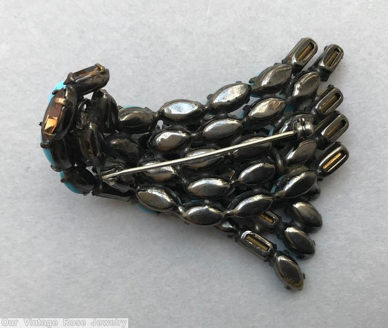 Schreiner 2 level wing shaped pin opaque aqua brown baguette japanned jewelry