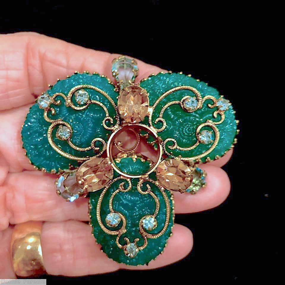 Schreiner 3 large oval molded flower stone radial pin filigree 2 level green molded stone amber pale green teardrop goldtone jewelry