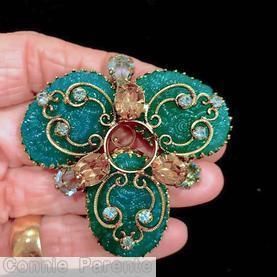 Schreiner 3 large oval molded flower stone radial pin filigree 2 level green molded stone amber pale green teardrop goldtone jewelry