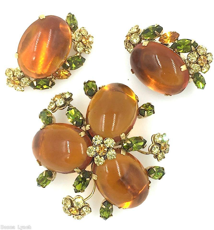 Schreiner 3 large oval radial double triangle pin 4 flower head topaz large oval cab peridot navette goldtone jewelry