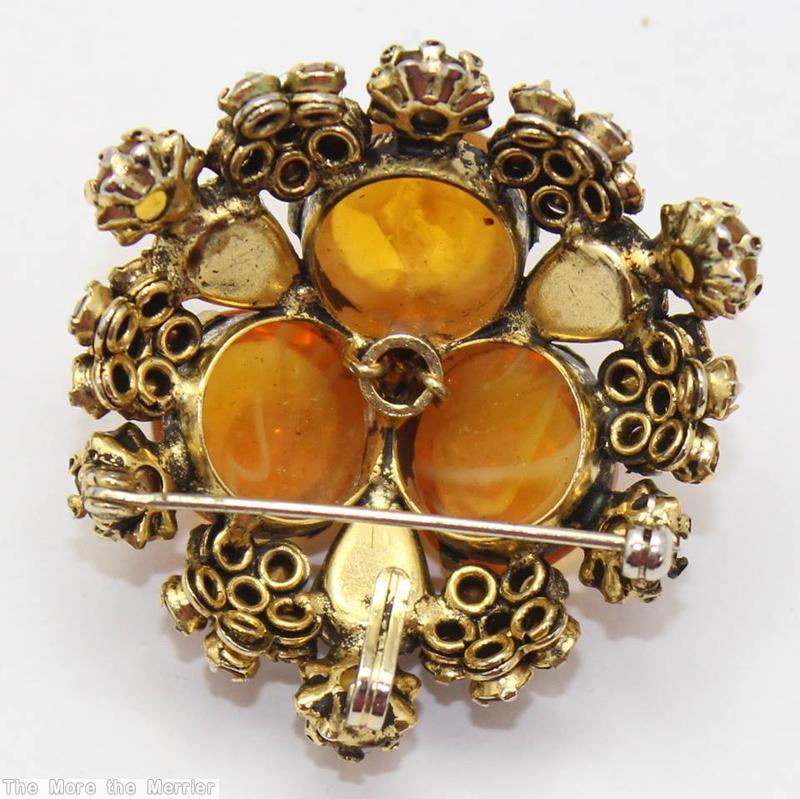 Schreiner 3 large round cab domed round pin 7 clustered flower 3 teardrop bordered amber jet brown goldtone jewelry