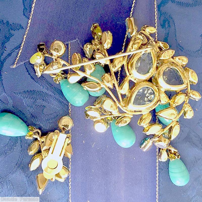 Schreiner 3 long branch sprawling pin 5 dangling bead 3 large teardrop aqua opaque marbled bead lime small navette pale blue clear faceted teardrop goldtone jewelry