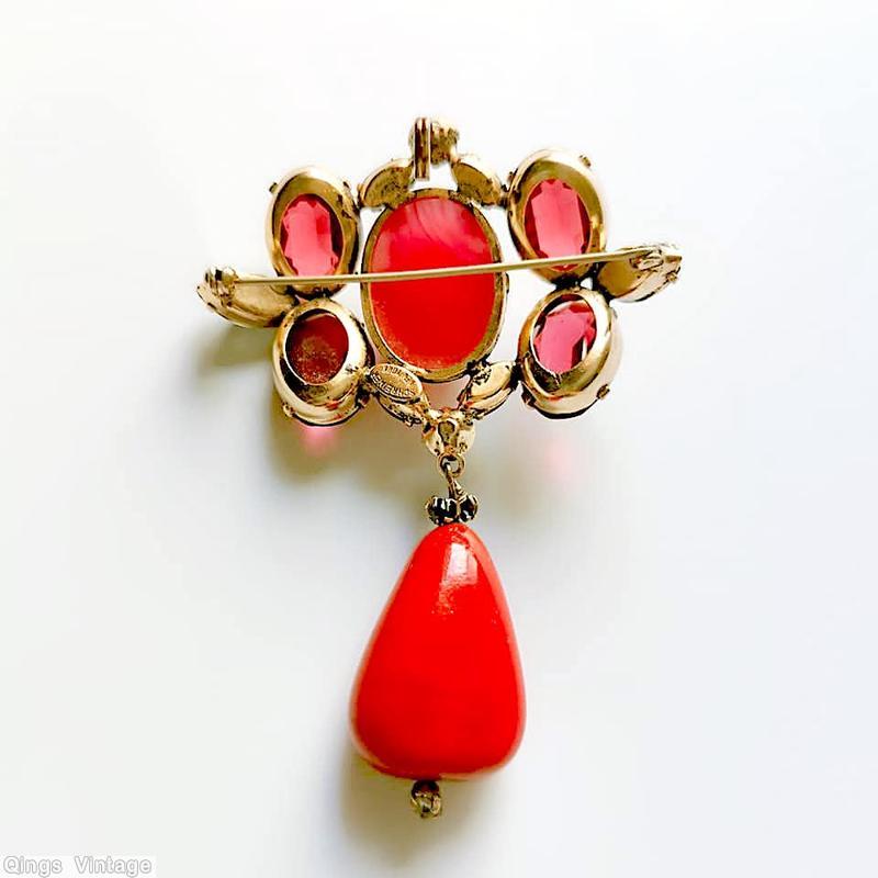 Schreiner 4 cab top down 1 dangle pin persimmon red jet 4 ruby faceted oval cab goldtone jewelry