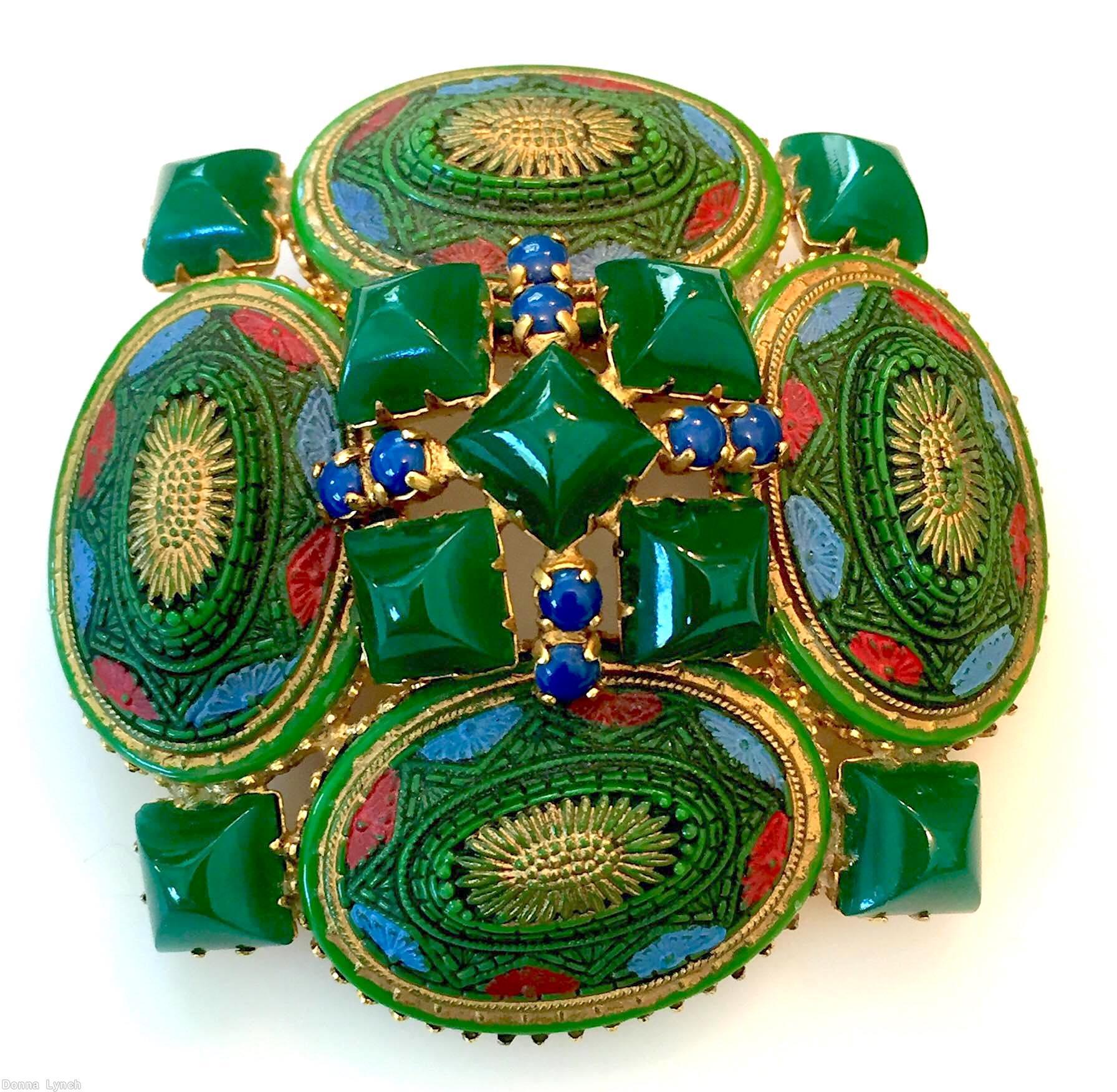 Schreiner 4 large oval cab sided domed pin 5 square stone center total 9 square stone moroccan tile large oval cab green blue red gold emrald square stone lapis blue small chaton goldtone jewelry