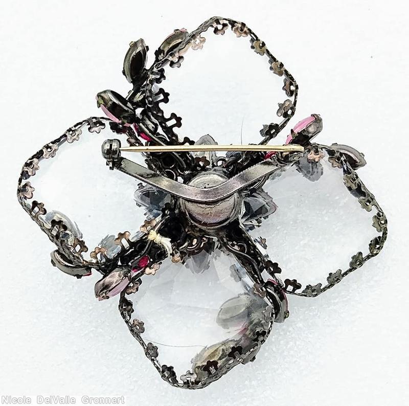 Schreiner 4 large square faceted clear stone radial pin chaton center surrounding 4 clustered flower 4 branch pink navette smoke chaton jewelry
