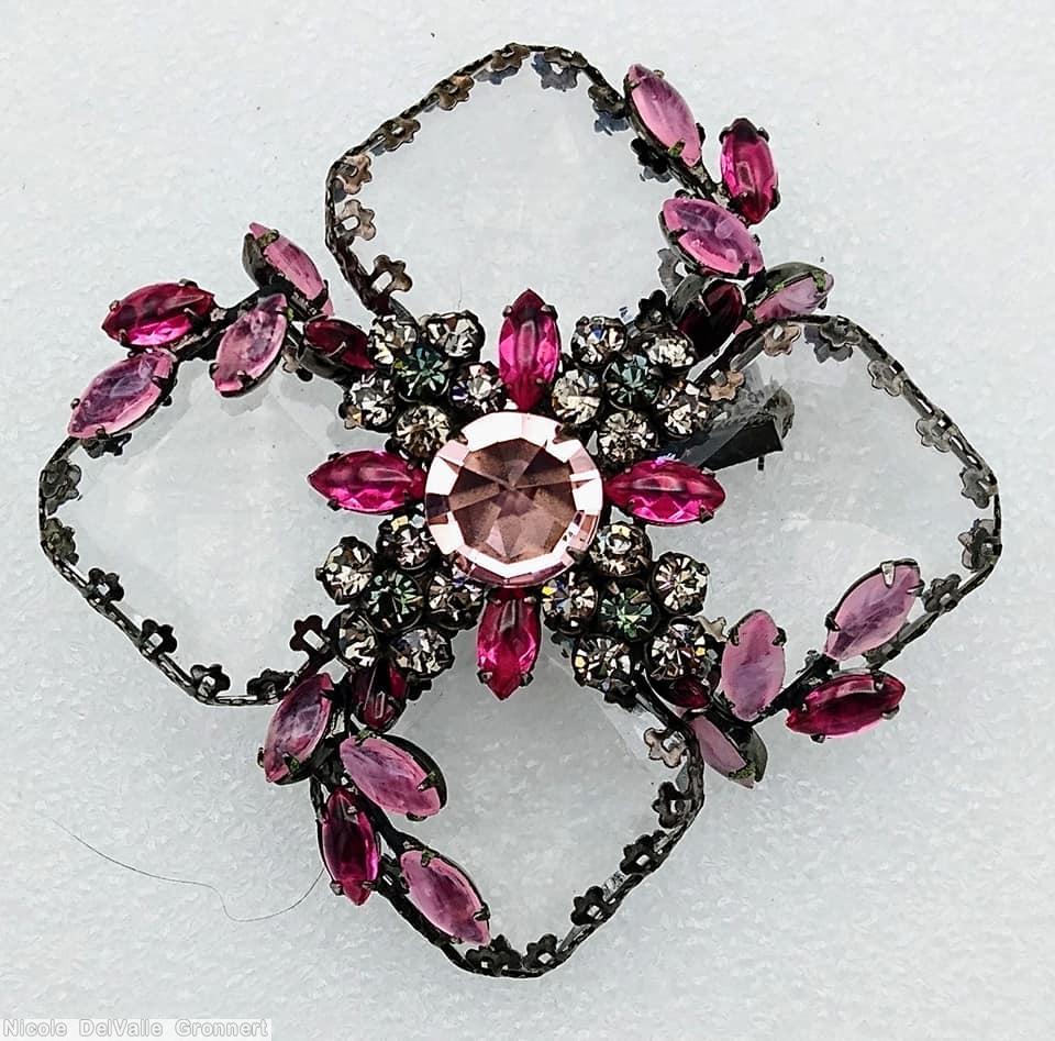 Schreiner 4 large square faceted clear stone radial pin chaton center surrounding 4 clustered flower 4 branch pink navette smoke chaton jewelry