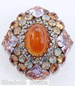 Schreiner 4 large square stone corner domed radial diamond shaped pin large oval center 3 rounds carnelian large oval clear lavender aqua venetian ice blue ice brown jewelry