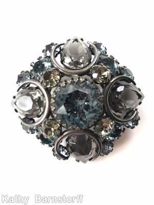 Schreiner 4 metal circle deco domed radial square pin 4 teardrop corner large chaton center smoke smoky blue jewelry