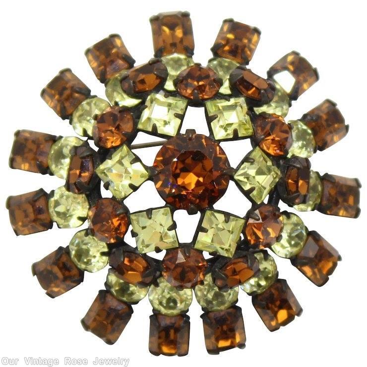 Schreiner 4 rounds domed radial round pin amber crystal jewelry