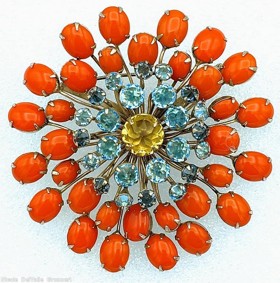 Schreiner 4 rounds starburst radial round pin 33 oval cab coral ice blue clear champagne jewelry