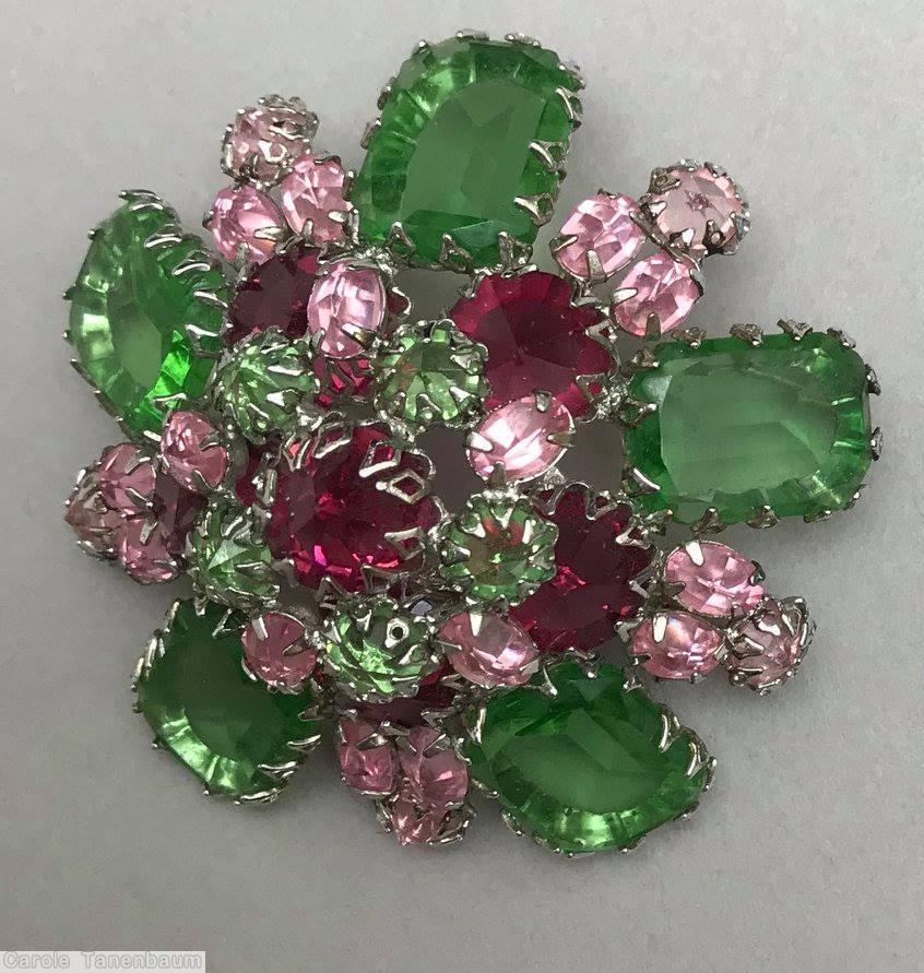 Schreiner 5 large emerald cut domed radial round pin 5 stone star center 5 large oval cab 15 small baguette celery pale pink raspberry jewelry