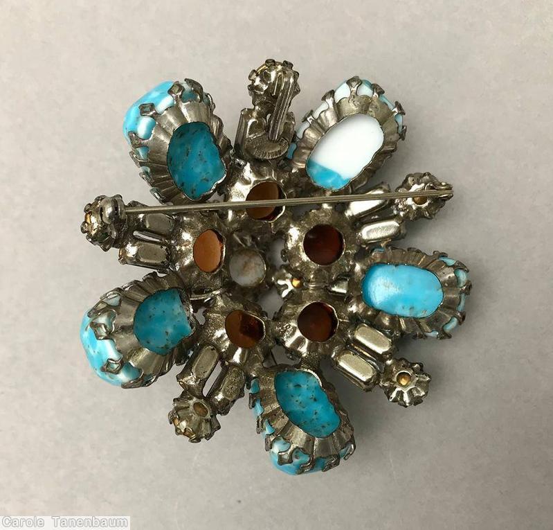 Schreiner 5 large emerald cut domed radial round pin 5 stone star center 5 large oval cab 15 small baguette turquoise brown blue peach jewelry