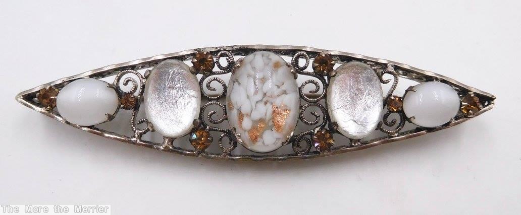 Schreiner 5 large oval cab eye shaped shadow box pin filigree moonglow white marbled white frosted amber jewelry