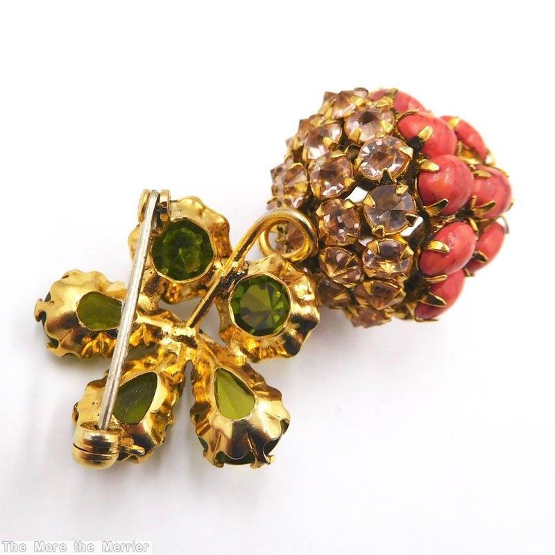Schreiner 5 small leaf clustered berry pin 4 rounds clustered ball inverted stone 5 leaf on branch coral crystal peridot jewelry