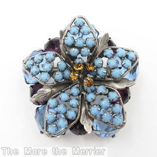 Schreiner 5 wired seeds petal radial pin 5 metal leaf milk aqua amber silvertone jewelry