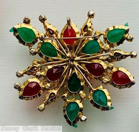 Schreiner 7 carved leaf 2 level radial pin top level 6 teardrop bottom level 5 large teardrop cab 5 small teardrop green carved leaf ruby crystal faux pearl goldtone jewelry