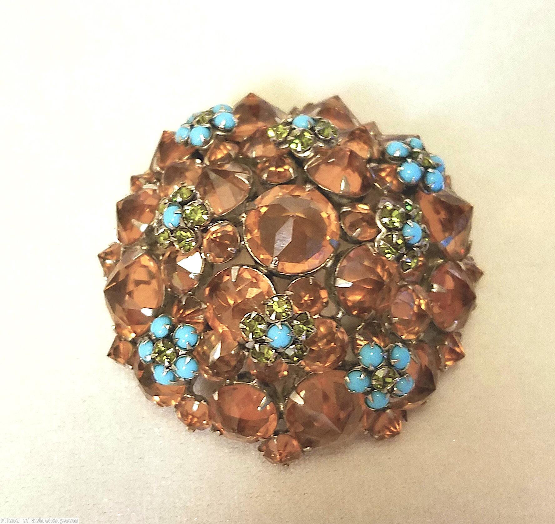 Schreiner 8 clustered flower domed round pin chaton center opaque baby blue peridot brown jewelry