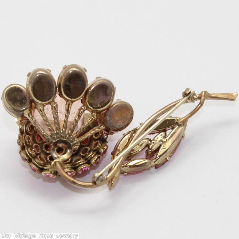 Schreiner 8 oval cab surrounding bead flower pin 1 navette leaf long stem peach bubble moonglow pink pink jewelry
