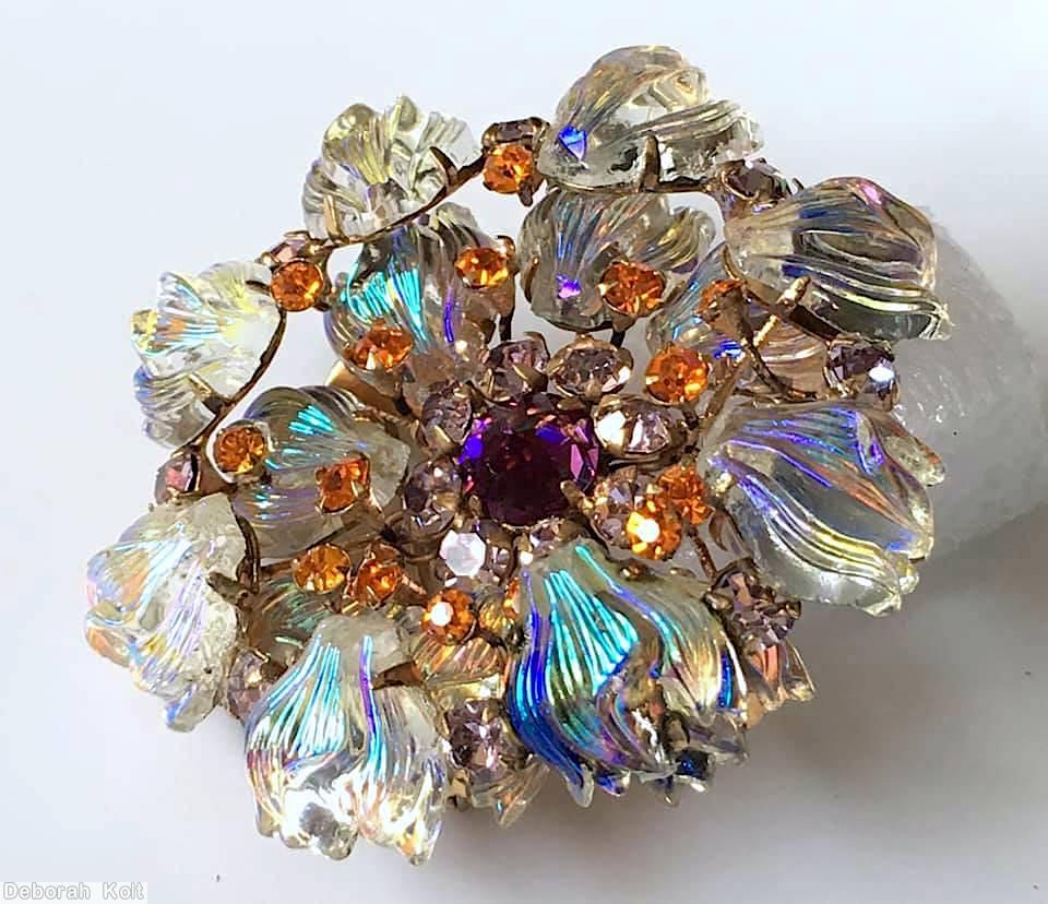 Schreiner concave 2 level radial tulip molded stone pin each level 8 tulip molded stone chaton center 8 surrounding chaton ab crystal tulip molded stone topaz small chaton purple chaton center ice lavender chaton jewelry