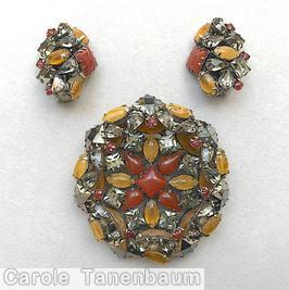 Schreiner concave flat bottom pin 7 square stone side radial bottom carnelian amber metalic silver jewelry