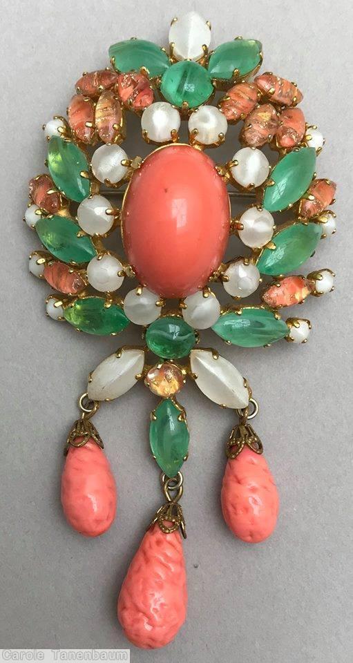 Schreiner dahlia pin large oval cab center top down 3 dangle apple green coral moonglow white peach venetian goldtone jewelry