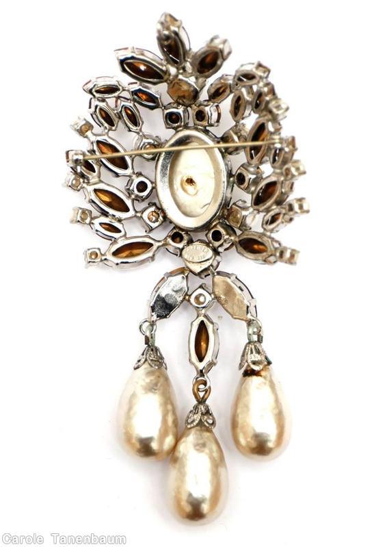 Schreiner dahlia pin large oval cab center top down 3 dangle crystal faux pearl baroque pearl jewelry