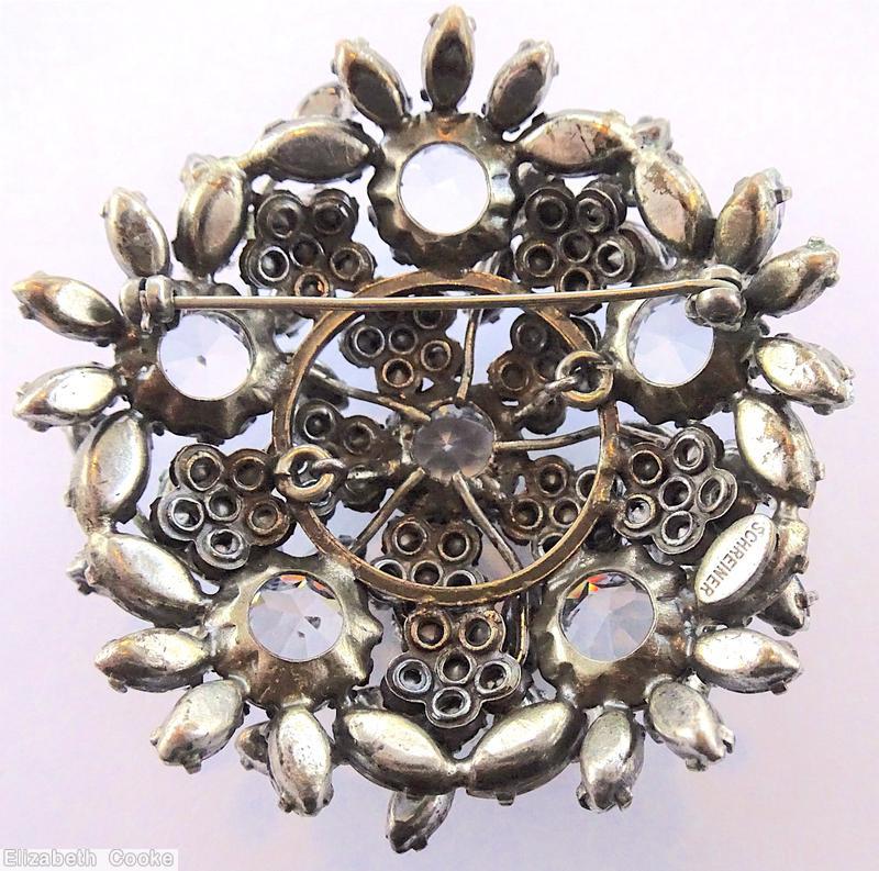 Schreiner domed pentagon shaped pin 10 clustered flower 5 large chaton chaton center crystal ab jewelry