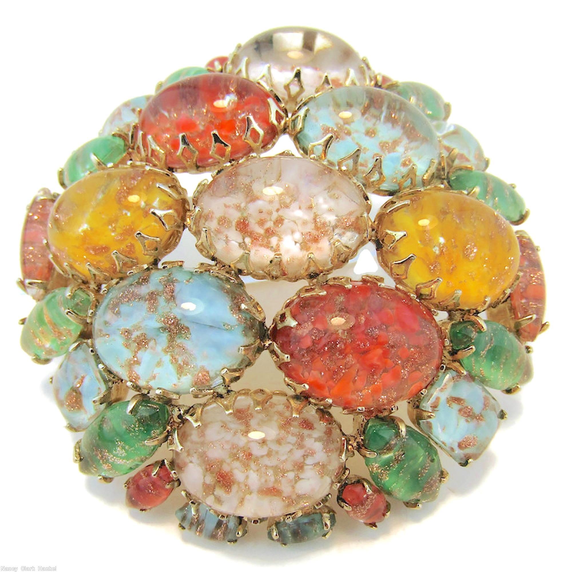 Schreiner domed round pin 9 large oval cab venetian red yellow blue green white jewelry