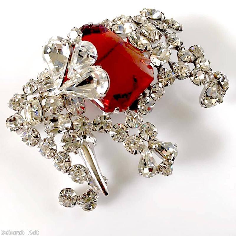 Schreiner elephant pin large elongated hexagon stone metal task crystal ruby large elongated hexagon stone silvertone jewelry