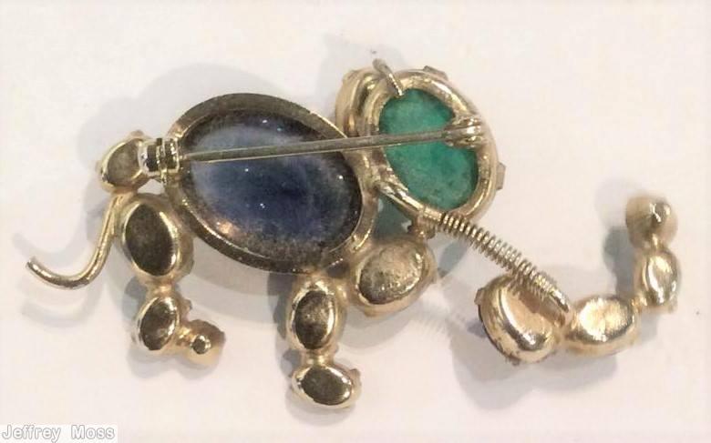 Schreiner elephant trembling trunk large oval cab body navy green silvertone jewelry