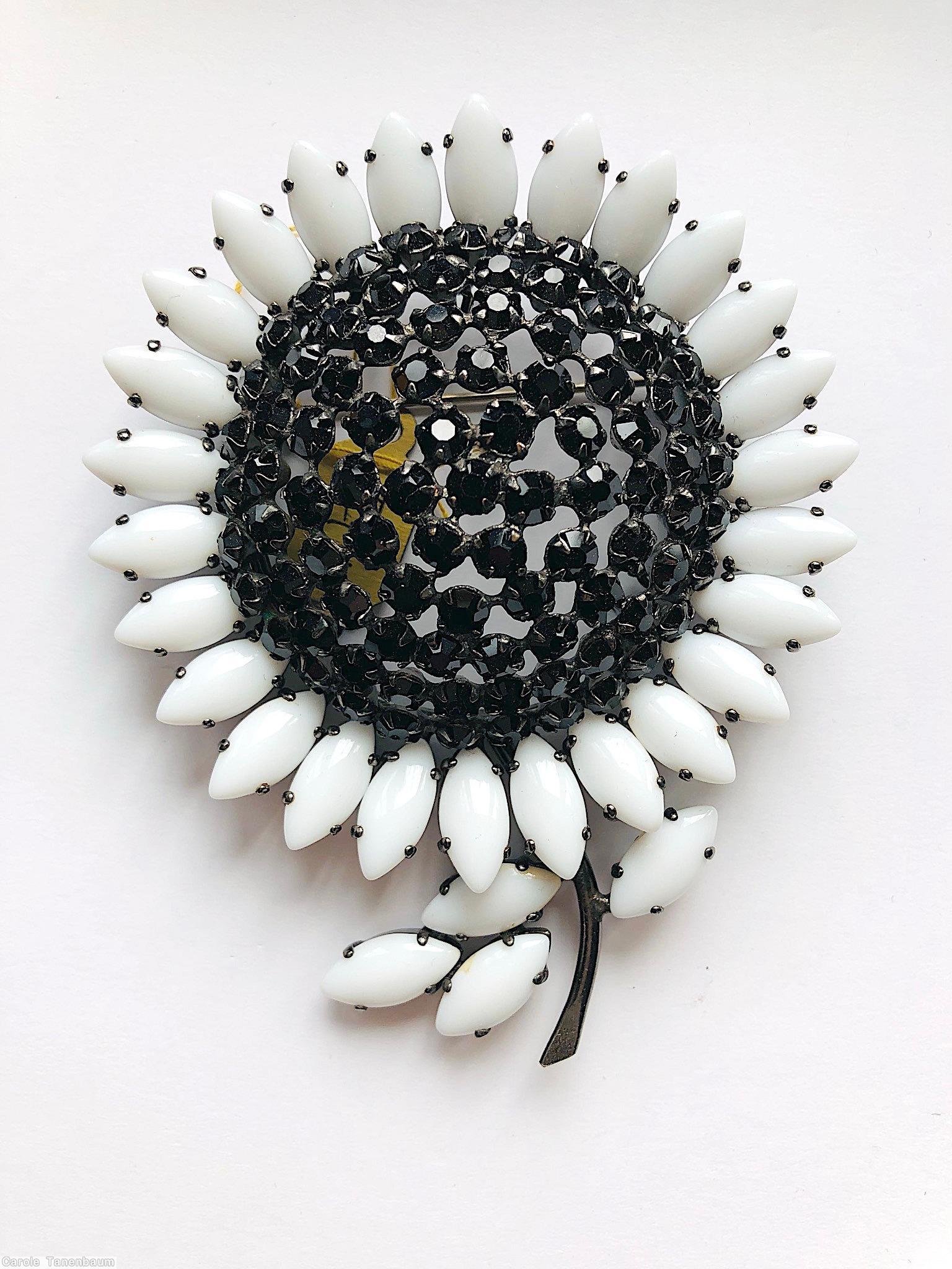 Schreiner giant sunflower pin milk white jet seeds silvertone jewelry