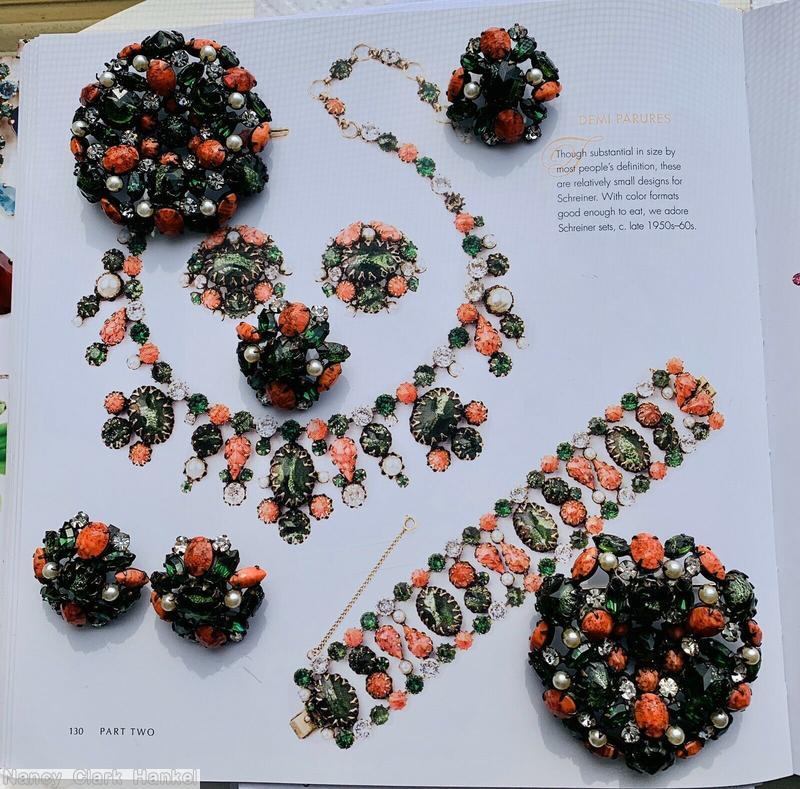 Schreiner hexagonal domed radial concave flat top pin small chaton center 6 surrounding navette 6 round stone on side wall gold fluss dark green matrix coral crystal moonglow white japanned jewelry