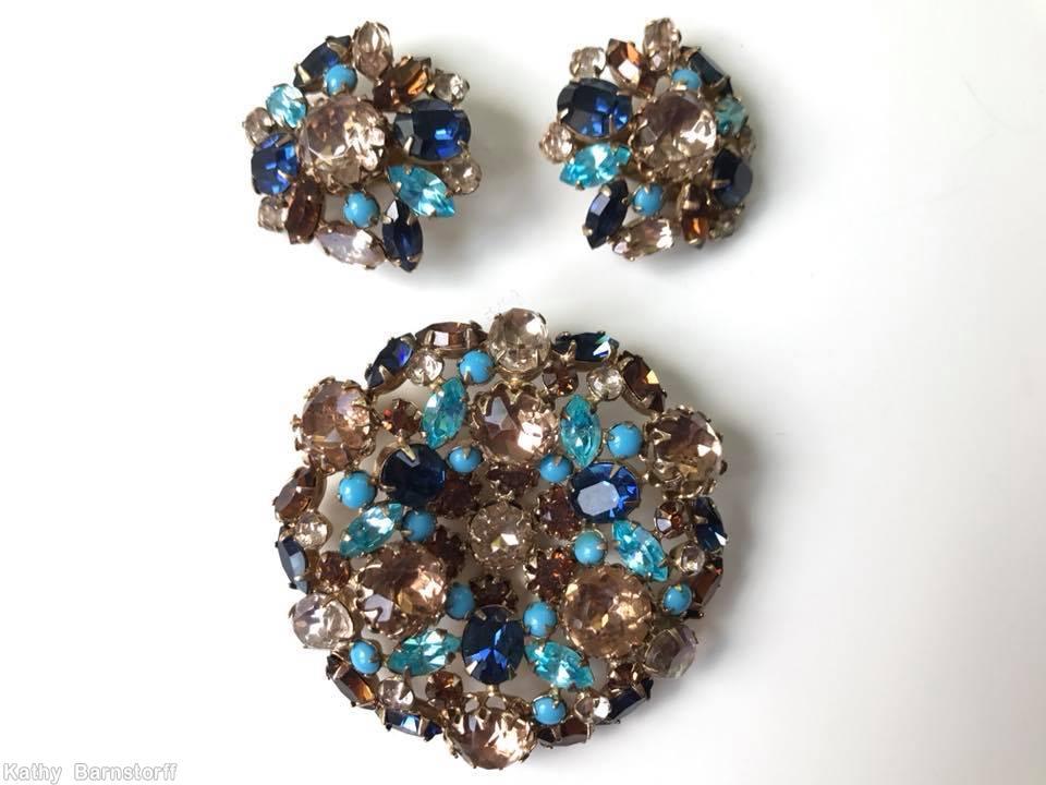 Schreiner hexagonal domed radial concave flat top pin small chaton center 6 surrounding navette 6 round stone on side wall navy aqua baby blue ice brown jewelry