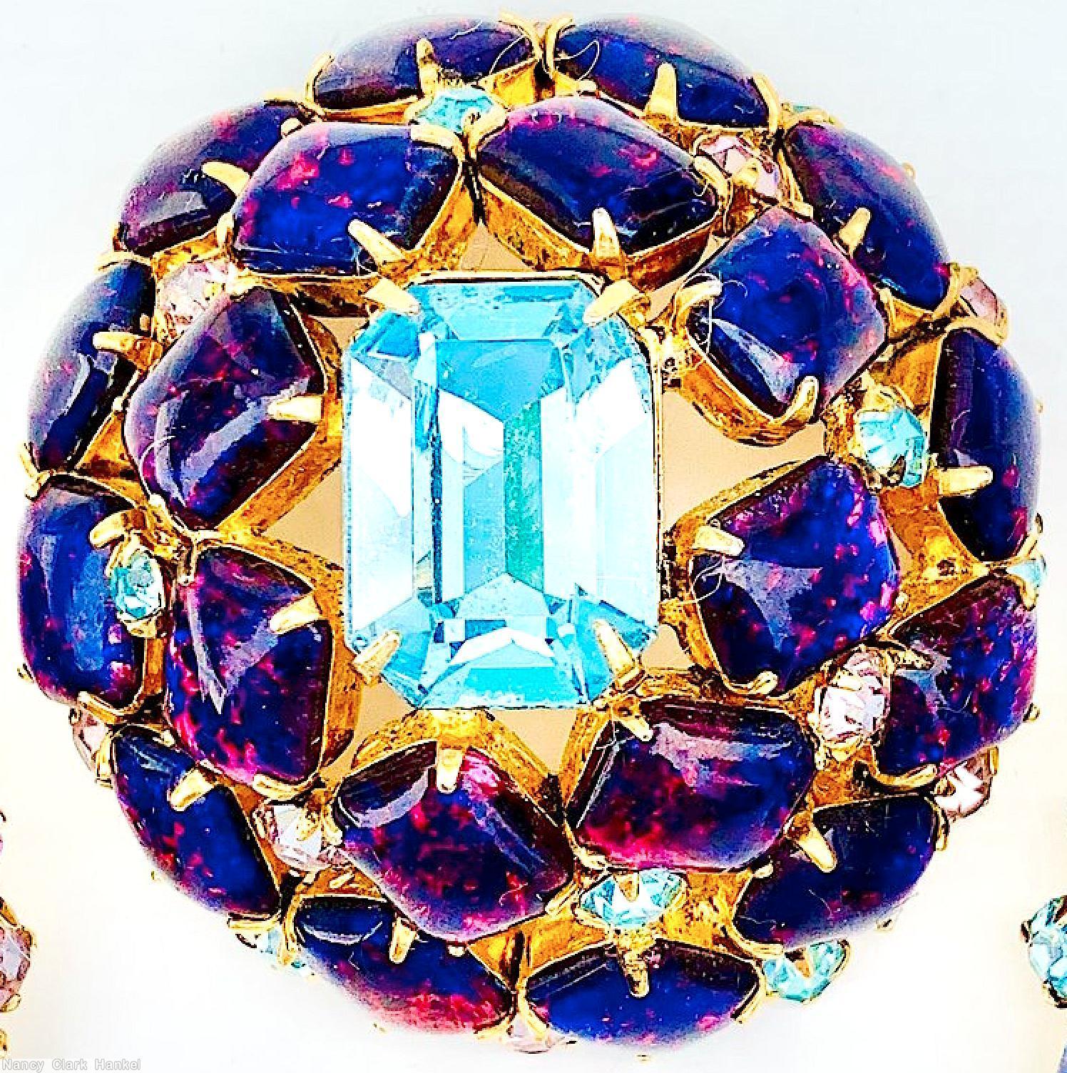 Schreiner high domed oval 20 emeçrald cut stone pin large emerald cut center 8 surrounding stone 12 second round stone small chaton ice blue pink fluss lapis goldtone jewelry