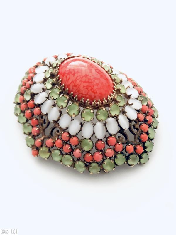 Schreiner high domed radial diamond shaped pin large oval cab center filigree 5 rounds scrollwork apple green moonglow small chaton coral small chaton white moonglow oval stone marbled coral large oval cab center goldtone jewelry