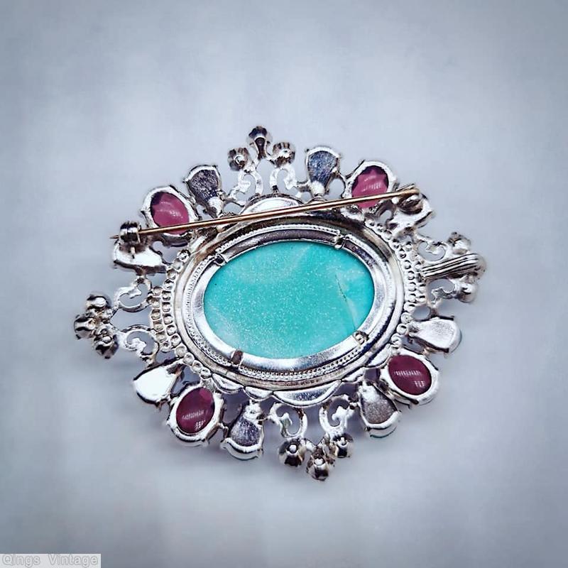 Schreiner large moon rock center radial pin metal deco 4 oval cab 8 teardrop 4 group 3 small chaton turquoise moon rock plum oval cab apple green teardrop silvertone jewelry
