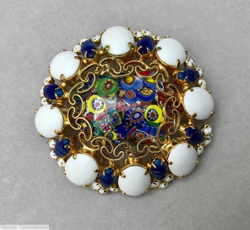 Schreiner large rectangle millefiori stone domed oval pin filigree 8 oval cab side white navy goldtone jewelry