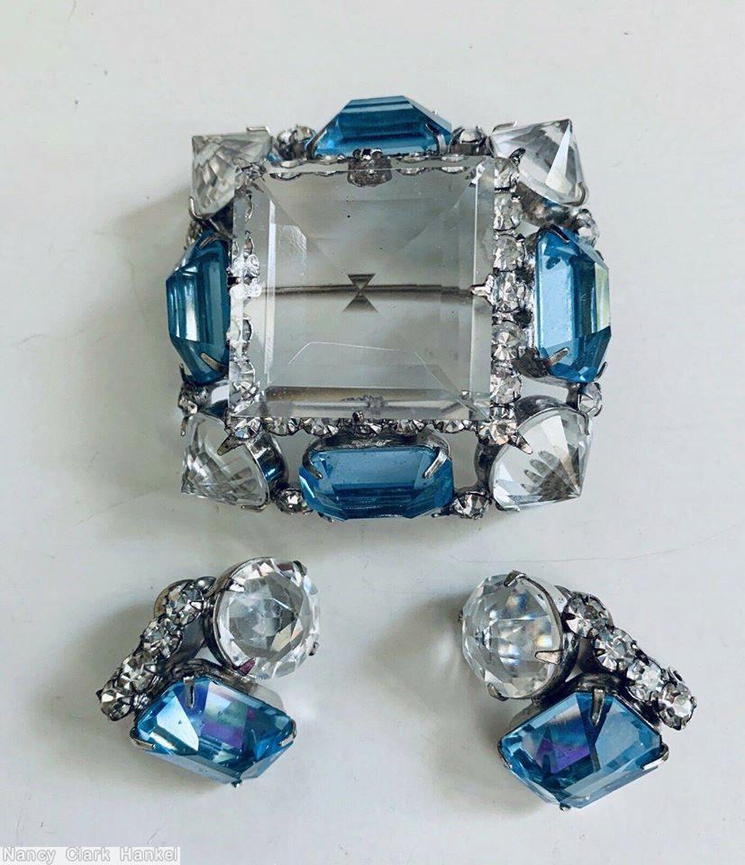 Schreiner large square center domed square pin 4 pointy corner stone 4 emerald cut side large faceted square stone crystal blue emerald cut silvertone jewelry
