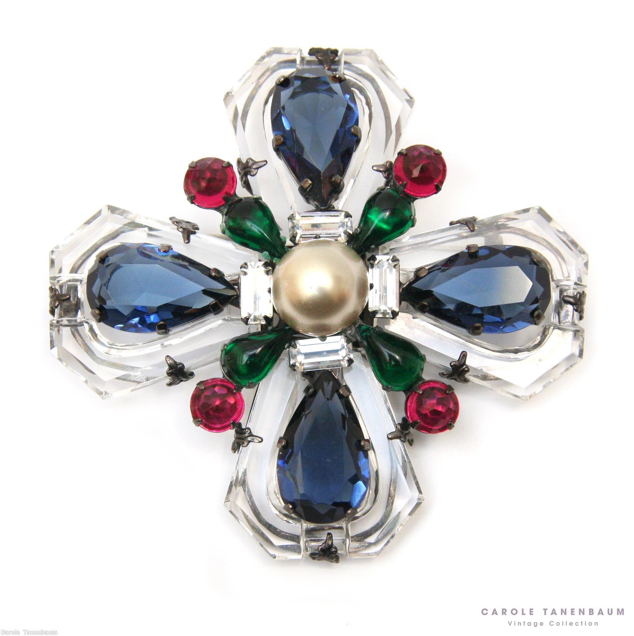 Schreiner large teardrop embedded cross pin round stone center 4 small surrounding baguett 4 surrounding teardrop navy emerald wine faux pearl crystal jewelry