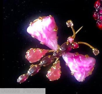 Schreiner large triangle art glass wing dragonfly pin 2 teardrop wing 5 navette body marbled pink large triangle stone raspberry teardrop lavender navette moonglow pink small chaton jewelry