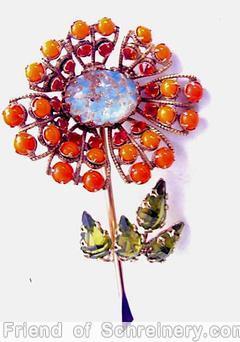 Schreiner long stem daisy flower 7 lace petal large oval center 4 leaf coral small chaton seeds 4 peridot green teardrop large aqua marbled oval cab center goldtone jewelry