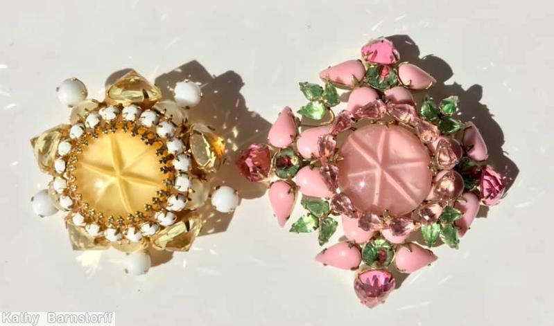 Schreiner radial domed pin 4 flower with 5 varied size teardrop petal small chaton center large round cab center 4 small 3 leaf branch opaque pink teardrop apple green small teardrop pink peach center large round cab jewelry