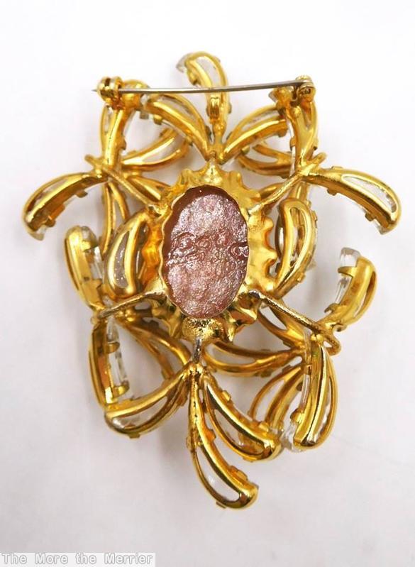 Schreiner random arranged top 2 level pin large oval center bottom crystal comma stone carnelian oval goldtone jewelry