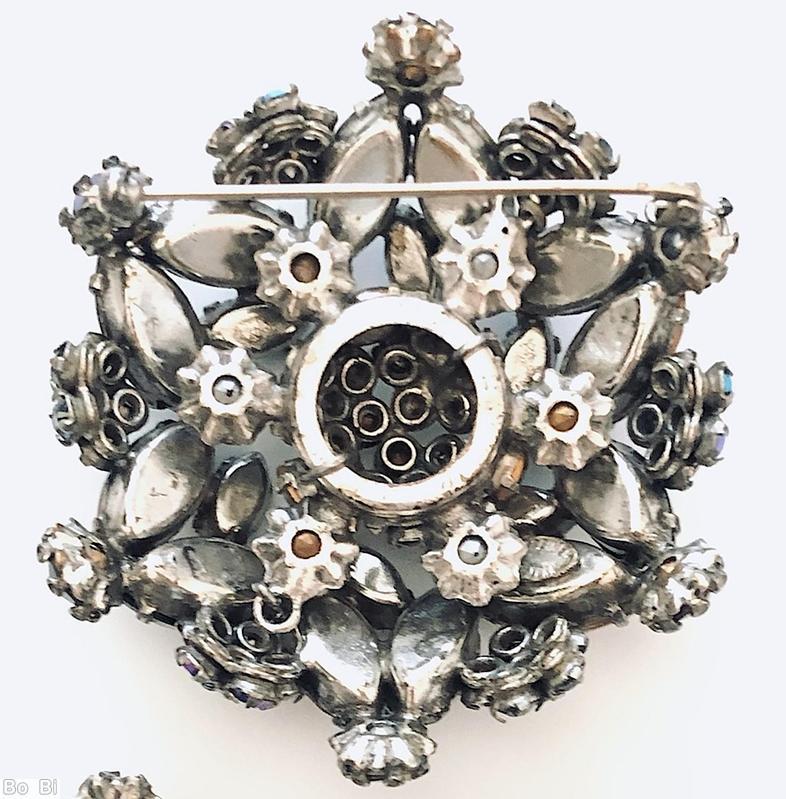 Schreiner round domed redial concave pin clustered ball center 12 large navette side 6 flower head large navette topaz smoky small chaton silver metalic faceted large navette silvertone jewelry