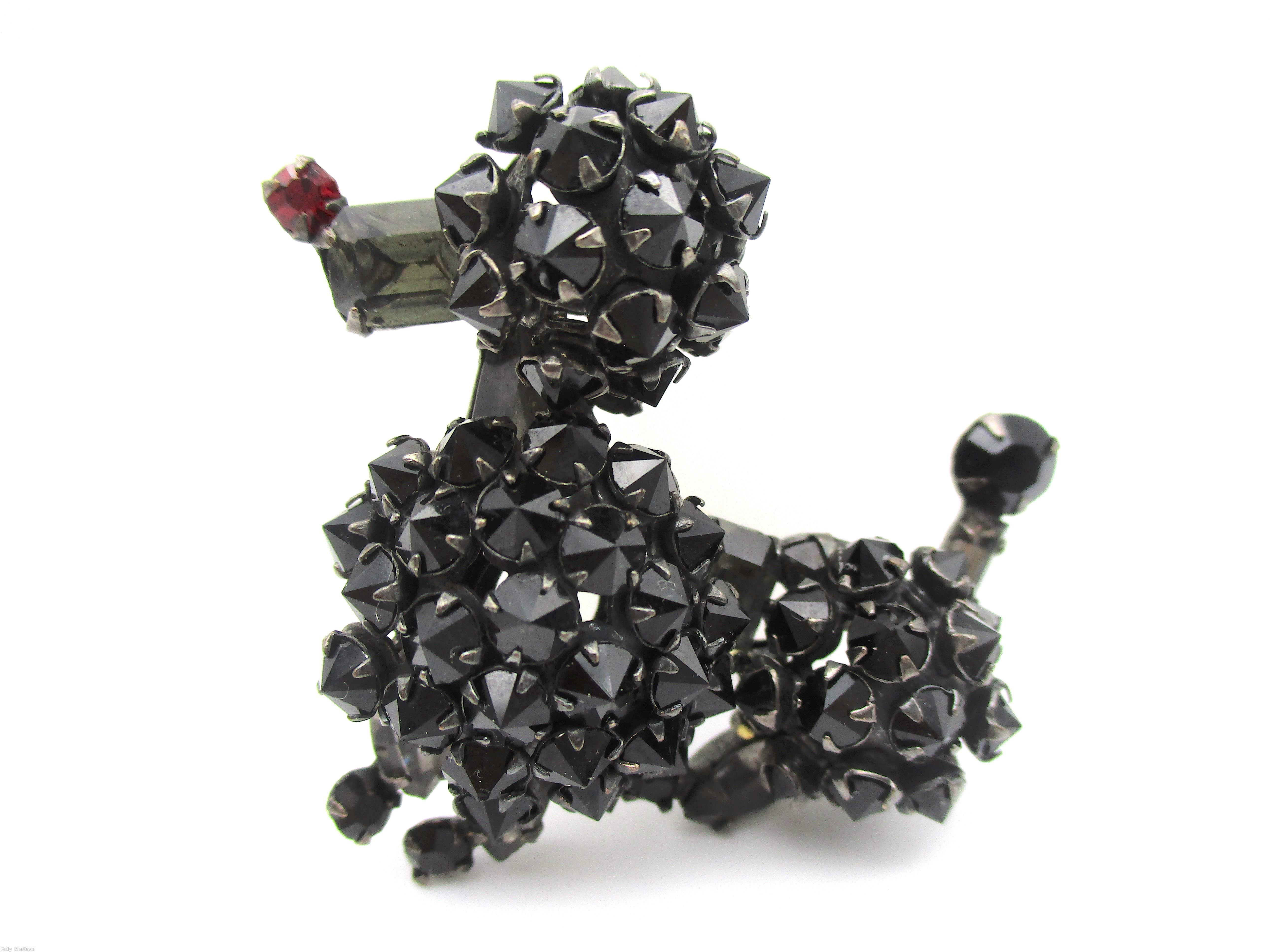 Schreiner sitting poodle pin jet inverted stone large smoky emerald cut ruby small chaton silvertone jewelry