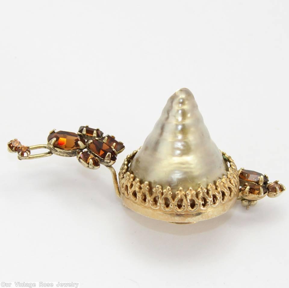 Schreiner snail shell body pearl colored shell amber goldtone jewelry