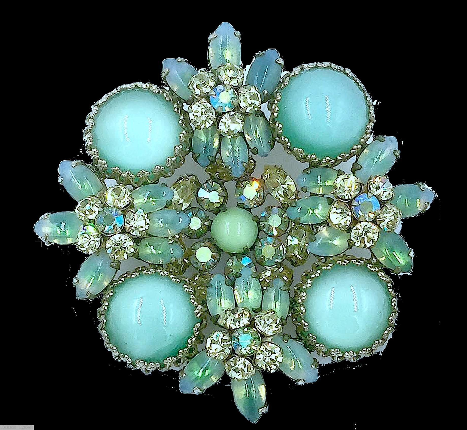 Schreiner square radial pin 4 large chaton corner 4 clustered flower small chaton center pale blud moonglow bicolor blue white navette ab chaton crystal chaton jewelry